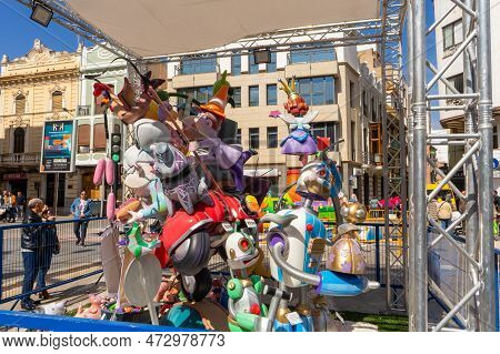 Burriana, Spain 18-03-2023: View Of The Sculpted Monument For Its Exhibition And Its Burning In The 
