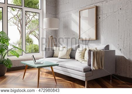 Cozy Living Room Interior In Room Corner; Sunlight Shining Trough Window; Floorlamp And Couch Table 