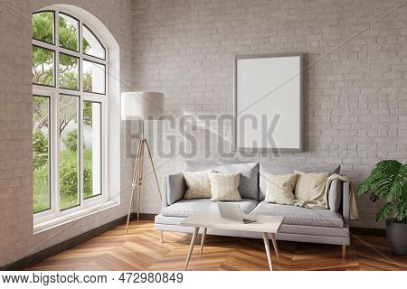 Cozy Living Room Interior In Room Corner; Sunlight Shining Trough Window; Floorlamp And Couch Table 