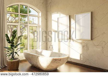 Freestanding Bath In Lightflooded Cozy Country House Bathroom; Minimalistic Interior Design With She