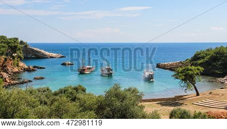 Summer Vacation On Tirquaz Water Of Aliki Beach On Thasos Or Thassos Greek Island In The Aegean Sea.
