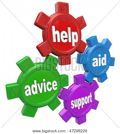 Quattro ingranaggi girare insieme con le parole Help, aiuto, consulenza e supporto per illustrare la assistanc