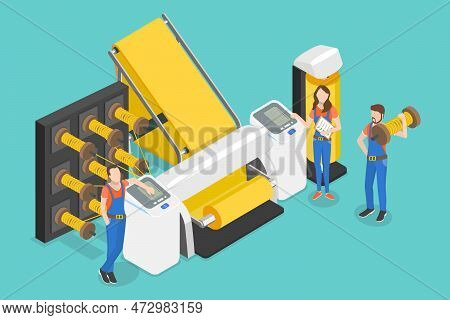 3d Isometric Flat Vector Conceptual Illustration Of Fabric Production Factory, Textile Machinery Man