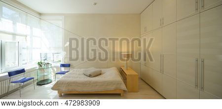 Modern Scandic Interior Of Bedroom In Luxury Apartment.