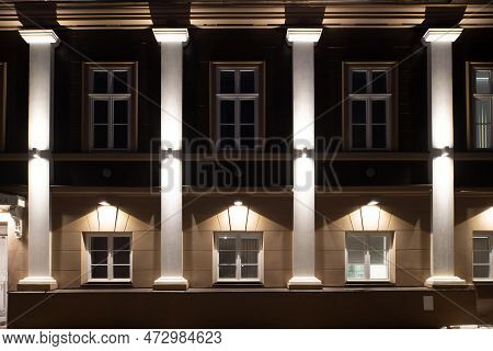 Exterior Of Illuminated Modern Building. City Architecture.