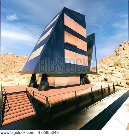 Modern Metal And Steel Architecture Of Conical And Trigonometric Geometry With Elements Of Organic A