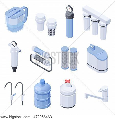 Equipment And Containers For Water Filtration Isometric 3d Icons Set Isolated On White Background Ve