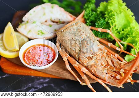 Spiny Lobster Food On Plate, Fresh Lobster Or Rock Lobster Seafood With Herb And Spices Lemon Corian