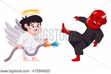 Angel Versus Daemon Evil Good Vs Bad Cartoon Character Fight With Water Hose