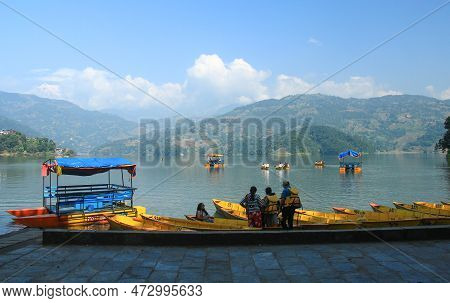 Pokhara, Nepal - November 23, 2017 : Tourists And Local People Travel And Ride The Boat At Begnas La