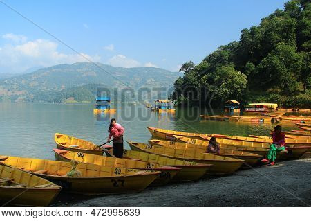 Pokhara, Nepal - November 23, 2017 : Tourists And Local People Travel And Ride The Boat At Begnas La