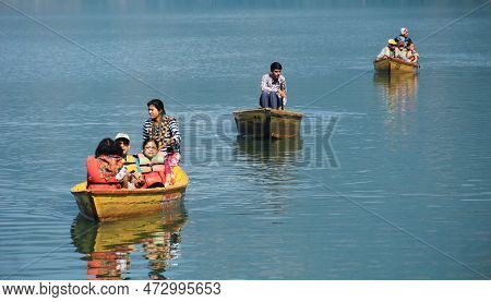Pokhara, Nepal - November 23, 2017 : Tourists And Local People Travel And Ride The Boat At Begnas La