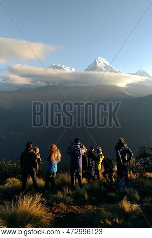 Poon Hill, Nepal - November 7, 2017 : Tourists Enjoy The Beauty Of Sunrise On Poon Hill