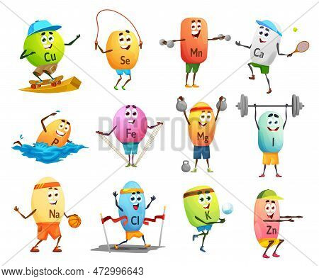 Cartoon Cheerful Minerals Sportsman Characters, Micronutrient. Vector Copper, Selenium, Manganese An