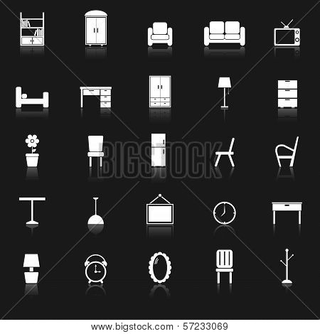 Furniture Icons With Reflect On Black Background