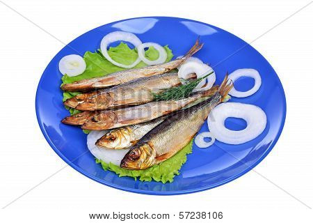 Smoked Fish And Onion Isolated On White Background