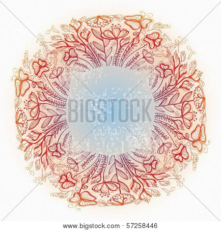 Brignt Hand Drawn Ornamental Frame With Flowers And Herbs. Eps10