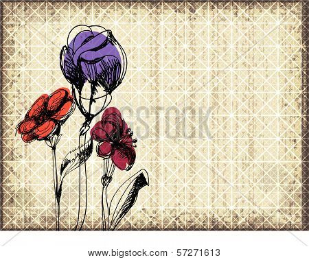 Grunge floral background with three sketched flowers over old paper with grid. Eps10