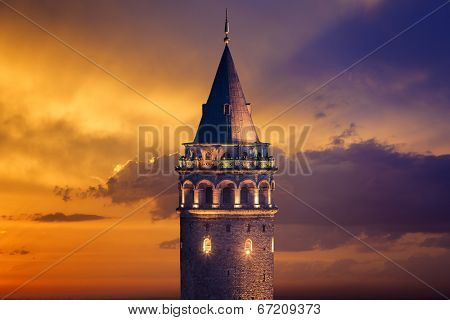 Galata Tower after sunset in Istanbul Turkey