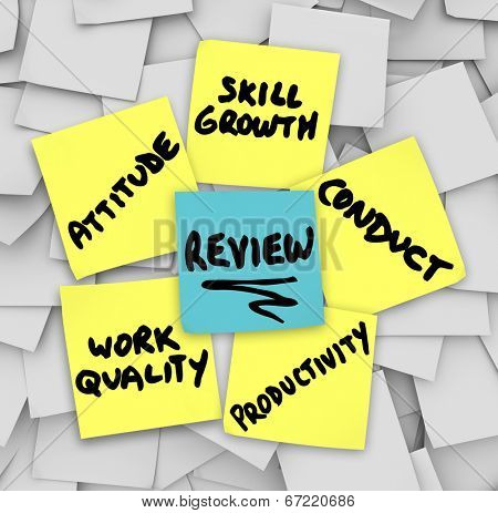 Performance Review words on yellow sticky notes including attitude, work quality