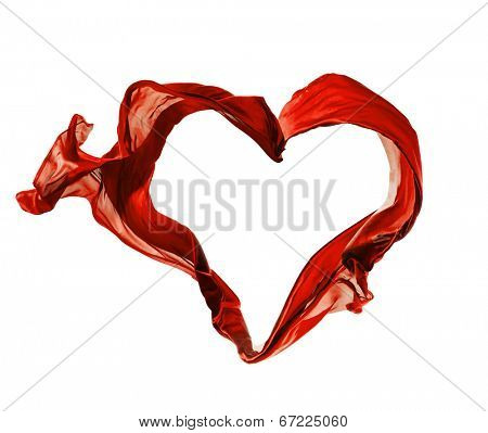 Isolated shots of freeze motion of red satins in heart shape, isolated on white background