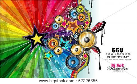 PArty Club Flyer for Music event with Explosion of colors. Includes a lot of music themes elements and a lot of space for text.