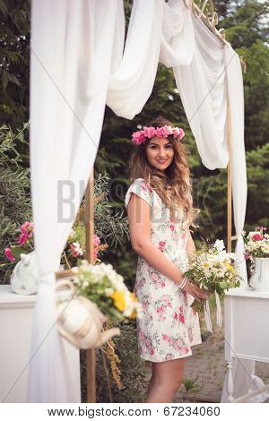 Beautiful Woman With A Crown Of Flowers On Her Head, Holding A Bouquet, In A Shabby Chic, Vintage De