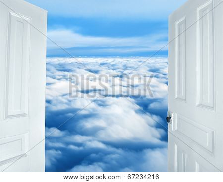 Doors opening to a heavenly sight of fluffy clouds