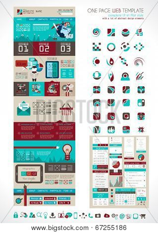 One page website flat UI design template. It include a lot of flat stlyle icons, forms, header, footeer, menu, banner and spaces for pictures and icons all in one page.