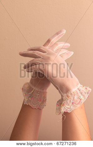 Female Hands Modeling Vintage Lace Gloves
