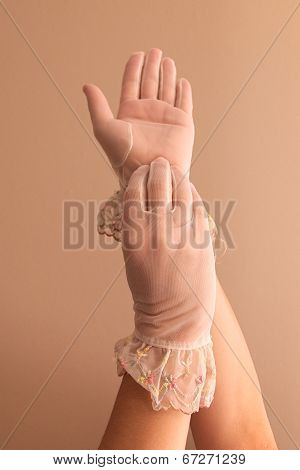 Female Hands Modeling Vintage See Through Gloves