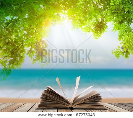 Open book on wood floor with green grass and leaf over beach sea