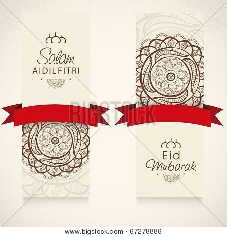 Beautiful templates or bookmarks decorated with floral design and red ribbon in beige colour. 