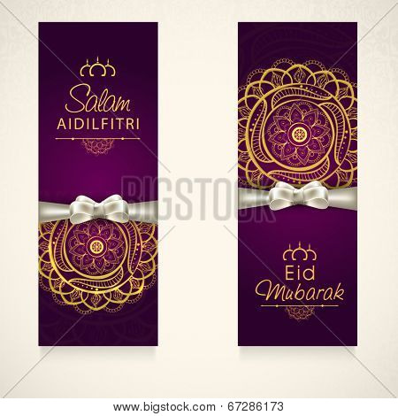 Beautiful floral decorated banner design with red ribbon for Muslim community festival Eid Mubarak celebrations. 