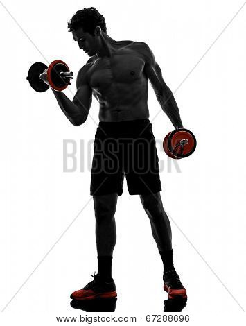 one man topless muscular exercising body building weights training in silhouettes on white background