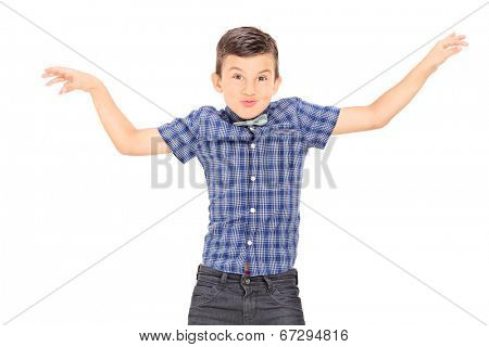 Cute little boy mimicking with his hands isolated on white background
