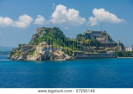 Hellenic temple and old castle at Corfu island Greece