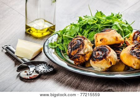 Pizza Snails, Minipizza With Salad And Parmagio