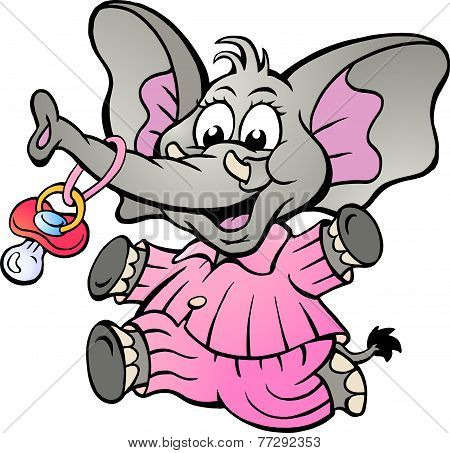Hand-drawn Vector Illustration Of An Happy Baby Girl Elephant In Pajamas Holding A Pacifier