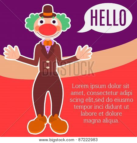 Background with happy greeting clown in costume