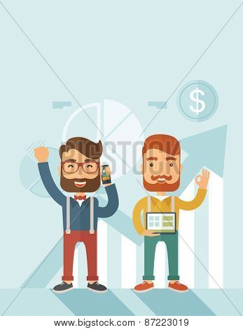 Two hipster Caucasian employees with beard standing happy for the certicate award they received. Winner, happy concept. A contemporary style with pastel palette soft blue tinted background. Vector