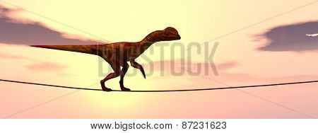 Concept or conceptual abstract business metaphor as wild heavy dinosaurus balancing on rope over sunset sky background banner