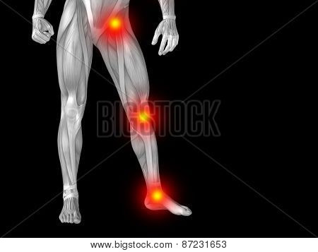 Conceptual 3D human man anatomy lower body or health design, joint or articular pain, ache or injury isolated on black background
