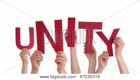 Many People Hands Holding Red Word Unity