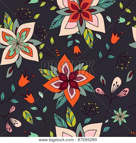 Seamless Colorful Texture With Bright Floral Elements.