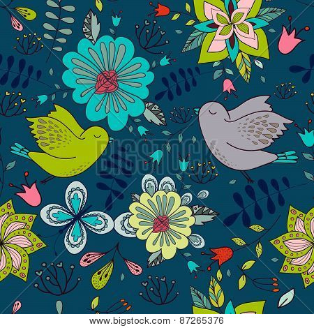 Seamless Colorful Texture With Bright Floral Elements And Birds .