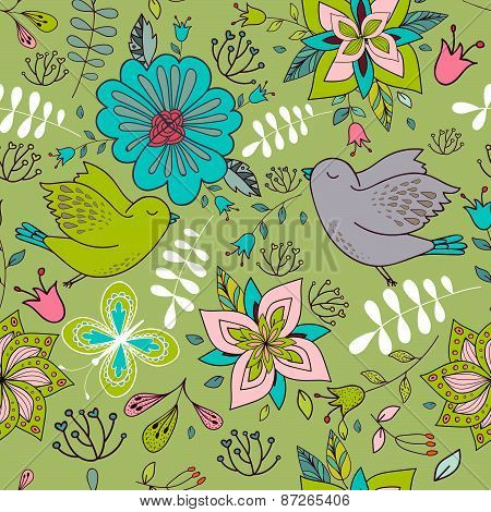 Seamless Colorful Texture With Bright Floral Elements And Birds .