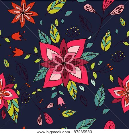 Seamless Colorful Texture With Bright Floral Elements.