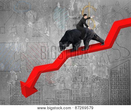 Businessman Riding Bear On Arrow Downward Trend Line With Doodles