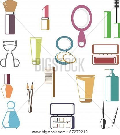 Set Of Colored Cosmetics Icons In Flat Style